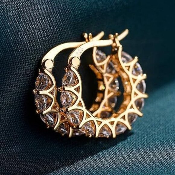 Women's 14K Gold Plated 925 Yellow Gold Cubic Zirconia Hoop Dainty Earrings - Picture 3 of 6